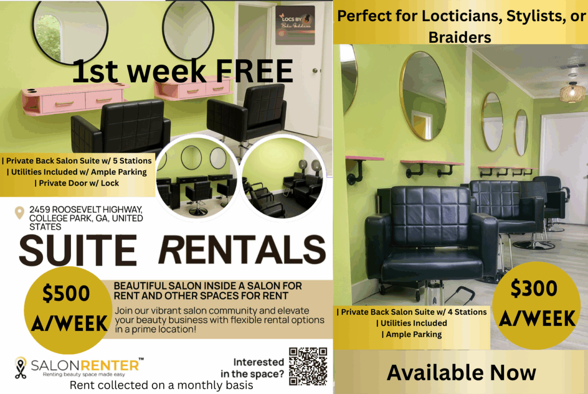 Private salon suite rental for beauty professionals with multiple stations, utilities, parking, lockable door.