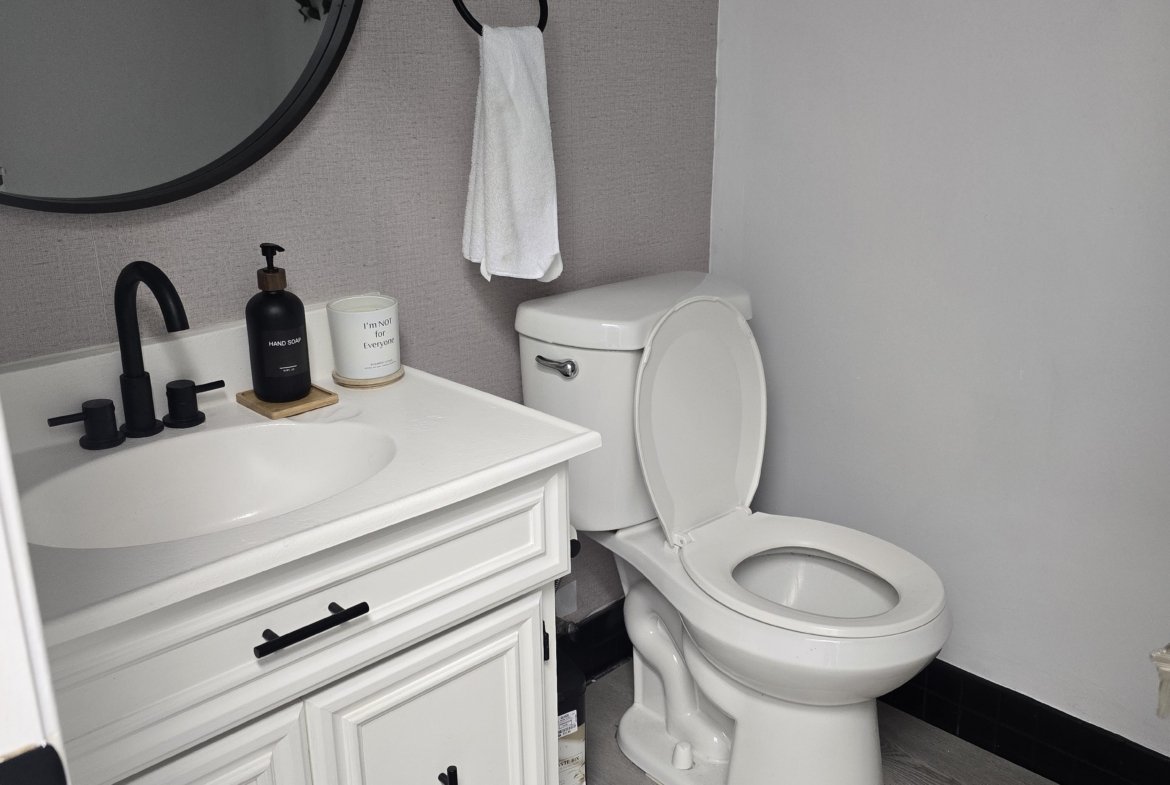 Bathroom interior with vanity, mirror, toilet, and decor.