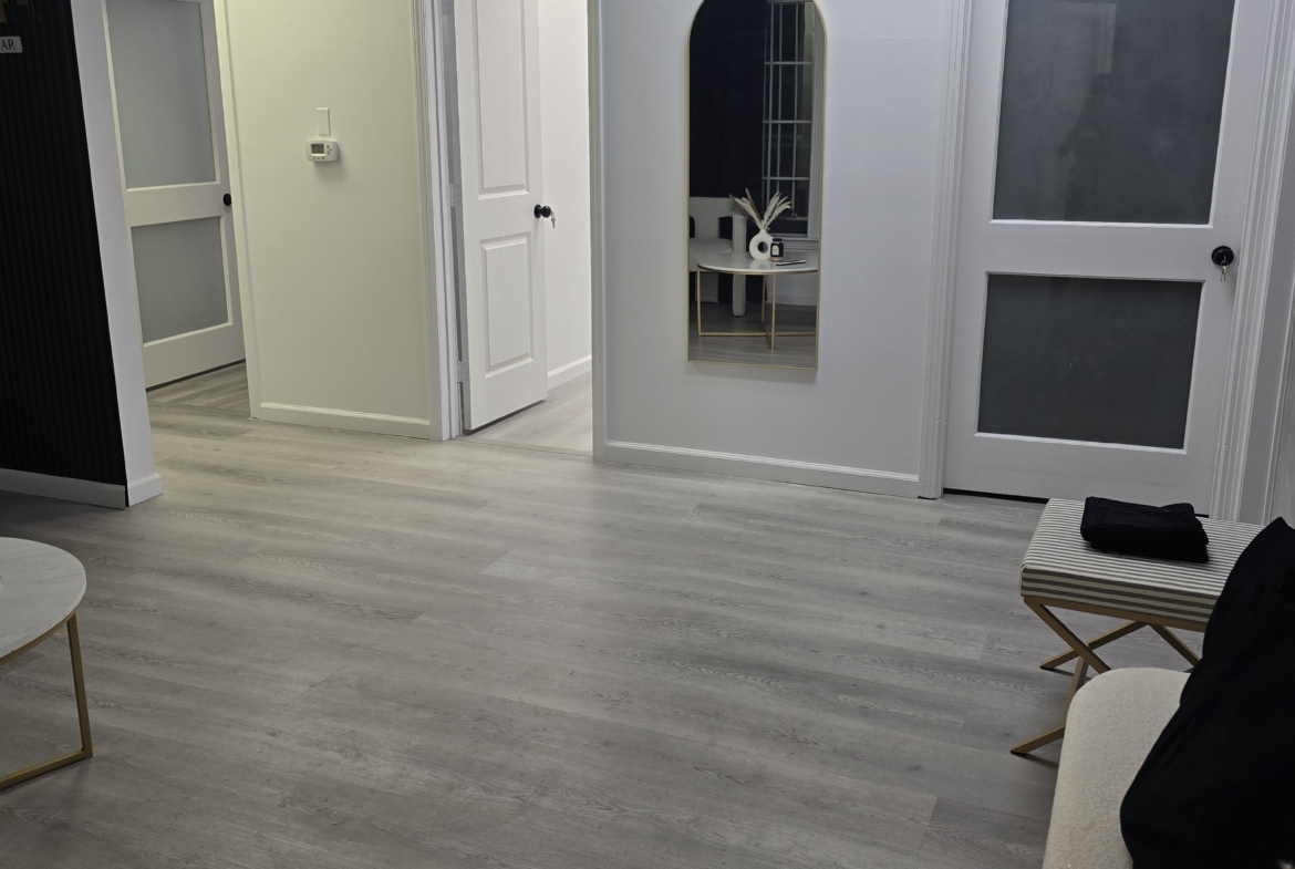 Bright, stylish hair salon rental with sleek decor and flexible lease options.