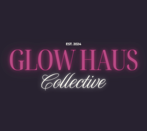 Bright pink and white "Glow Haus Collective" logo on dark background.