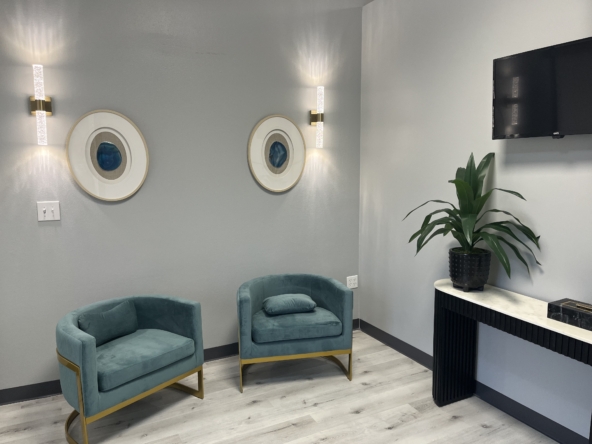 Modern salon waiting area with stylish teal velvet chairs, decorative wall art, and greenery.