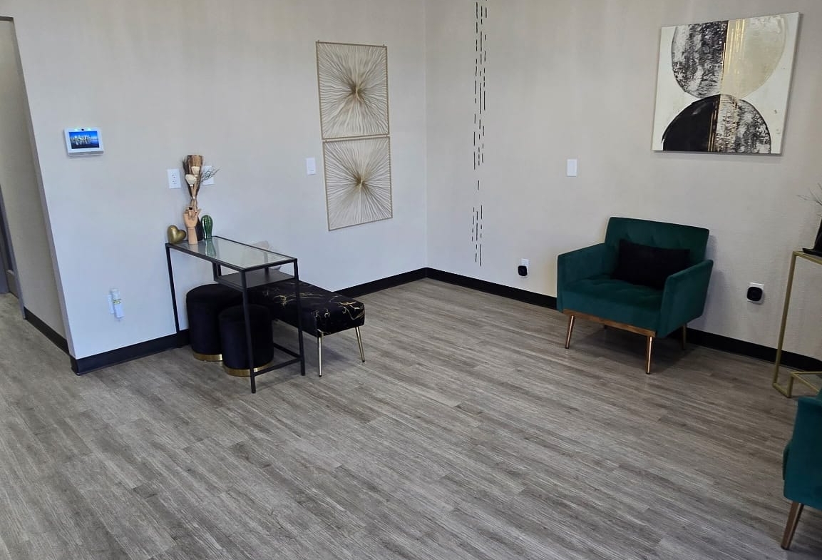 Elegant salon lobby with contemporary furniture and sophisticated interior design.