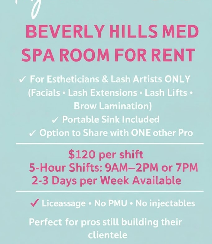Spa room for estheticians and lash artists in Beverly Hills for rent with portable sink.
