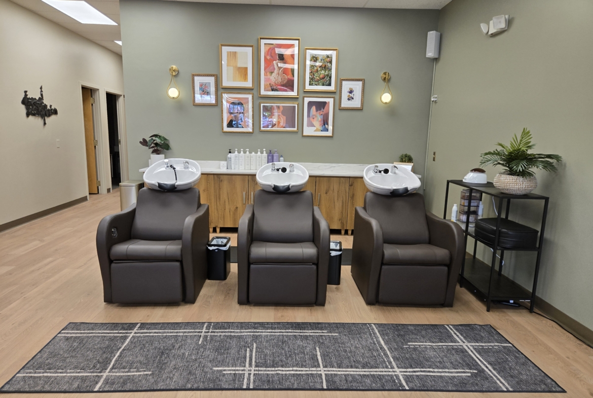 Salon wash area with three shampoo chairs, artwork, and indoor plants in a relaxing salon environment.