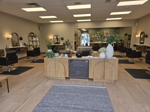 Interior view of a modern, clean hair salon with styling stations and greenery.