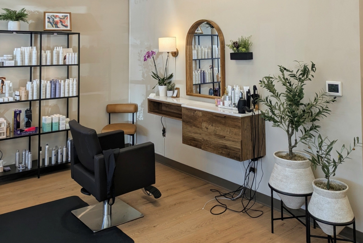 Stylish hair salon interior featuring a salon chair, product display, and decorative plants.