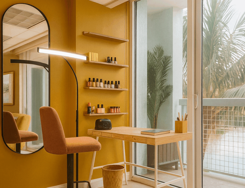 Elegant salon interior with mirror, nail polish display, and a cozy workspace.