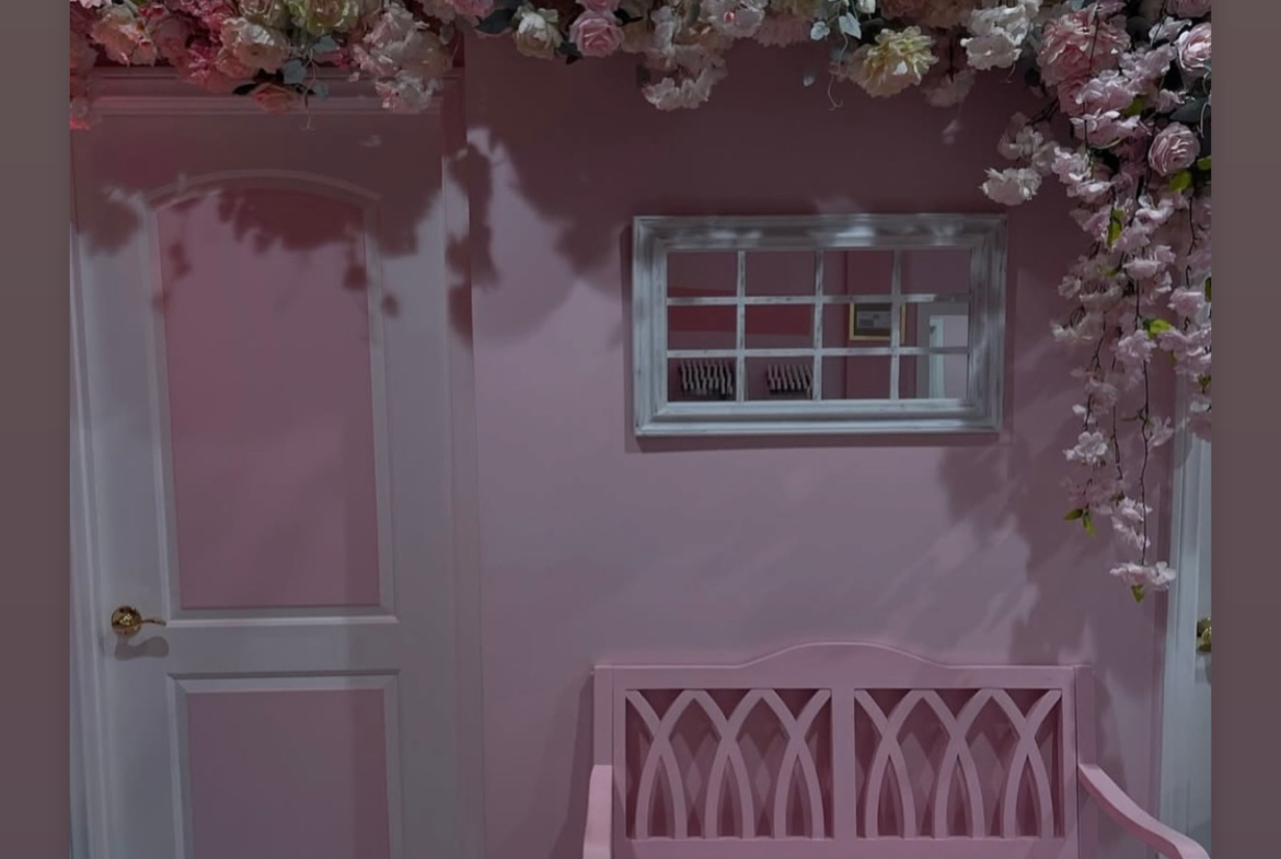 Beautiful pink-themed salon with a floral ceiling and cozy seating area.