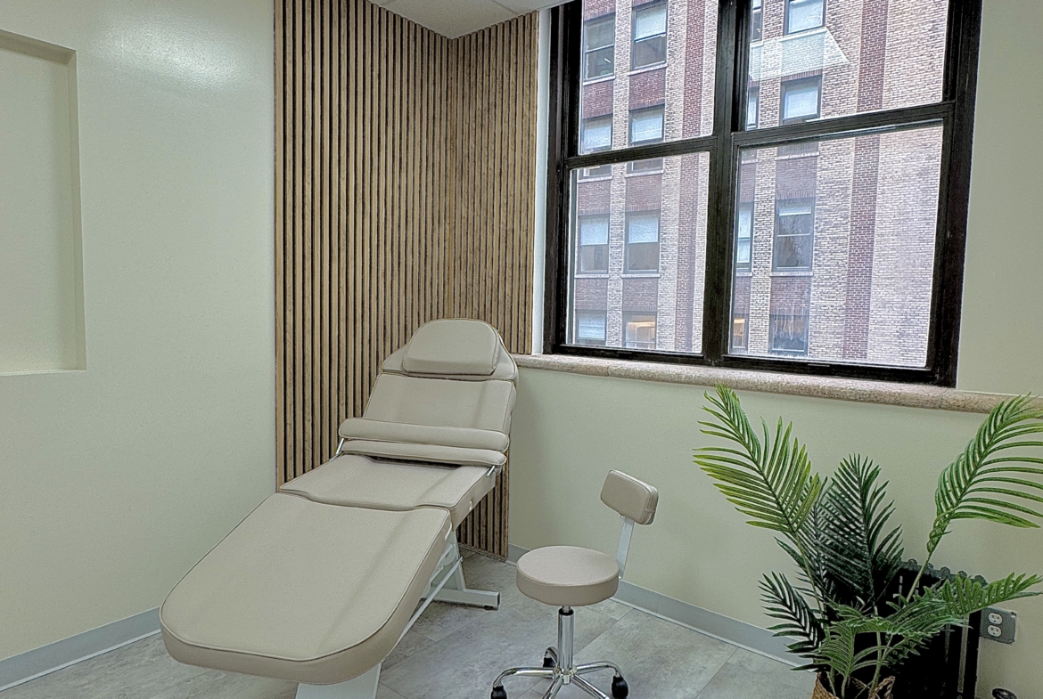 Comfortable salon treatment chair with natural lighting from large window.