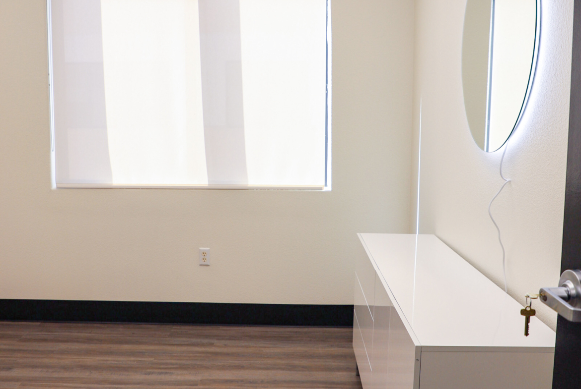 Bright, clean salon rental space with modern decor, perfect for beauty professionals.