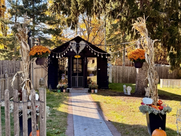 Festive fall outdoor salon setting with pumpkins, decorative corn stalks, and autumn vibes.