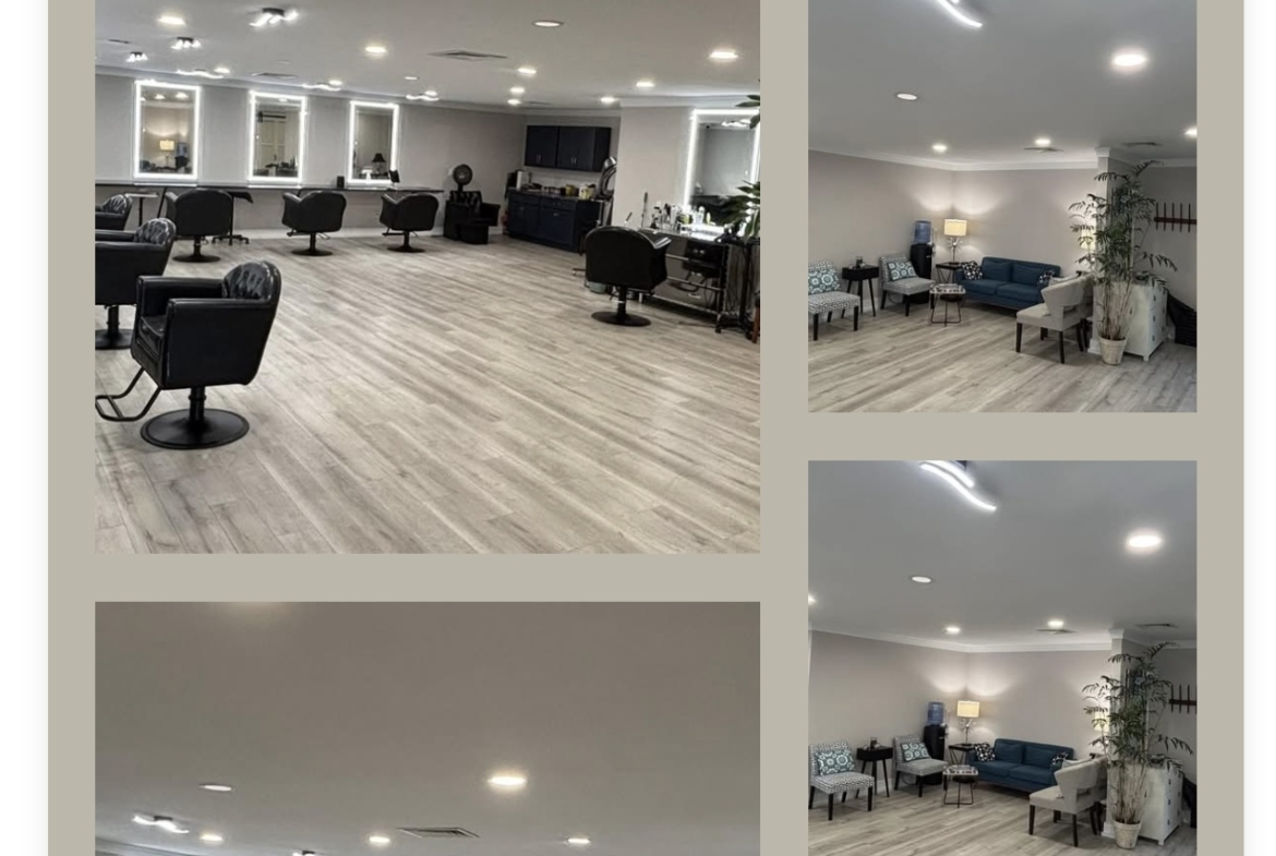 Well-lit salon rent with modern decor and seating arrangements.