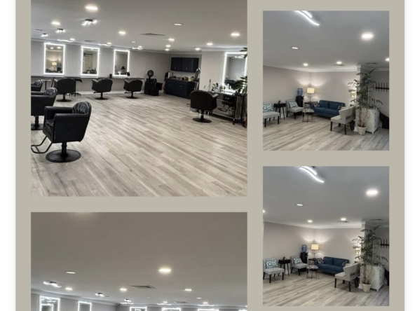 Well-lit salon rent with modern decor and seating arrangements.