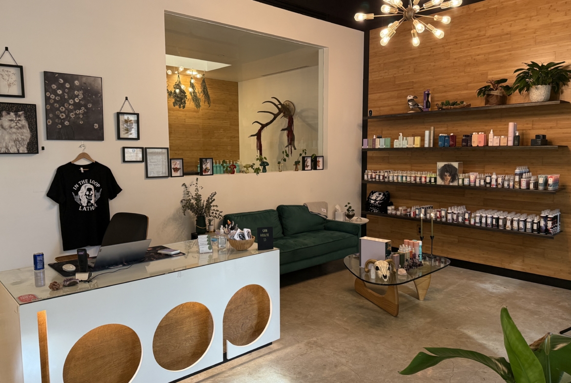 Bright interior of a hair salon with a reception desk, lush green sofa, and wall-mounted product shelves.