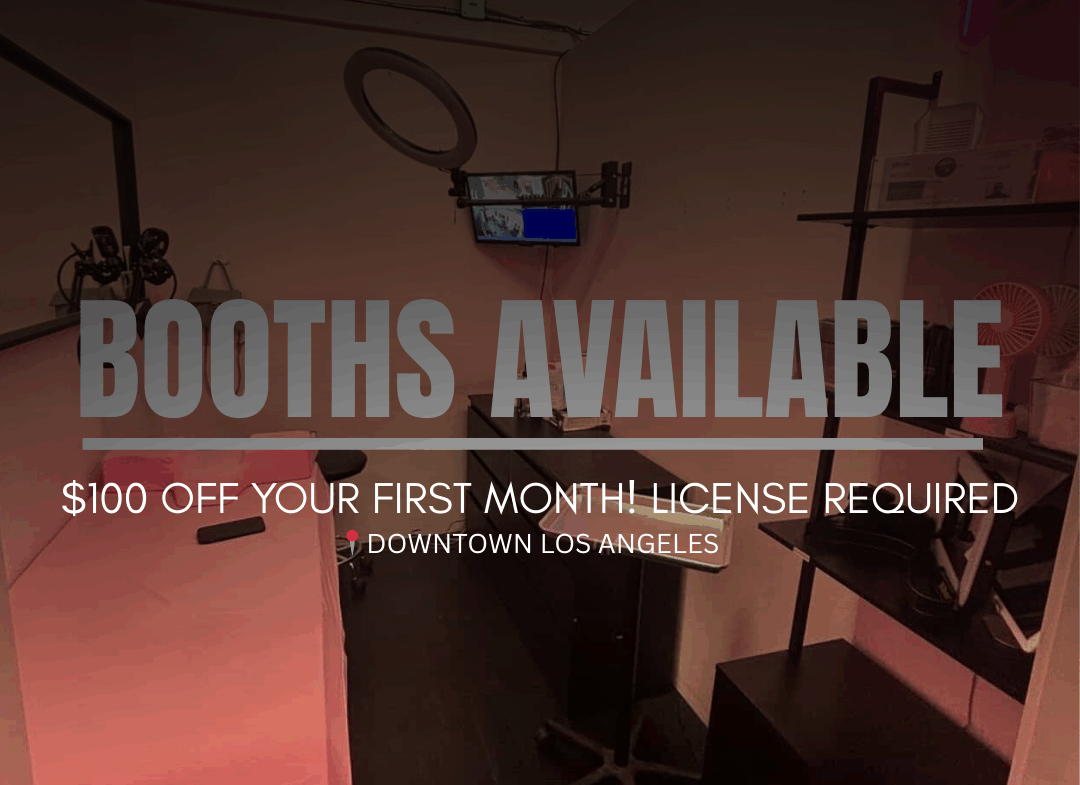 Bright, stylish salon booth with professional equipment available for rent in Los Angeles.