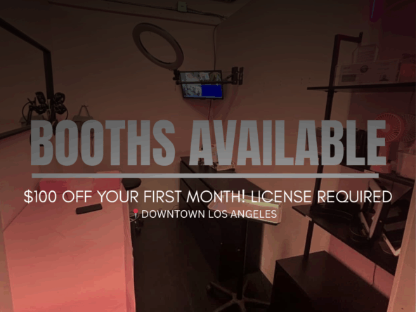 Bright, stylish salon booth with professional equipment available for rent in Los Angeles.