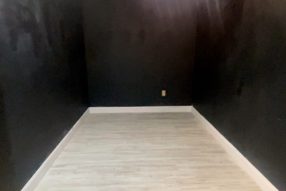 Bright, trendy salon room with black painted walls and stylish ceiling chandelier lighting.