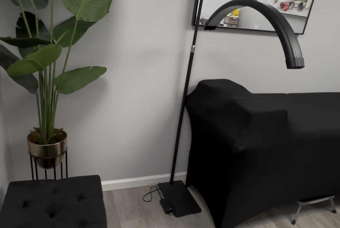 Indoor salon space featuring contemporary furniture, a large leafy plant, and elegant mirror.