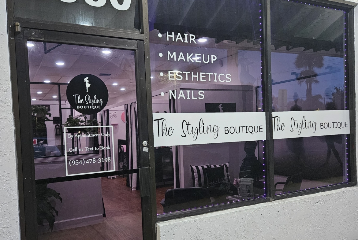 Beauty salon with styling, hair, and nail services.