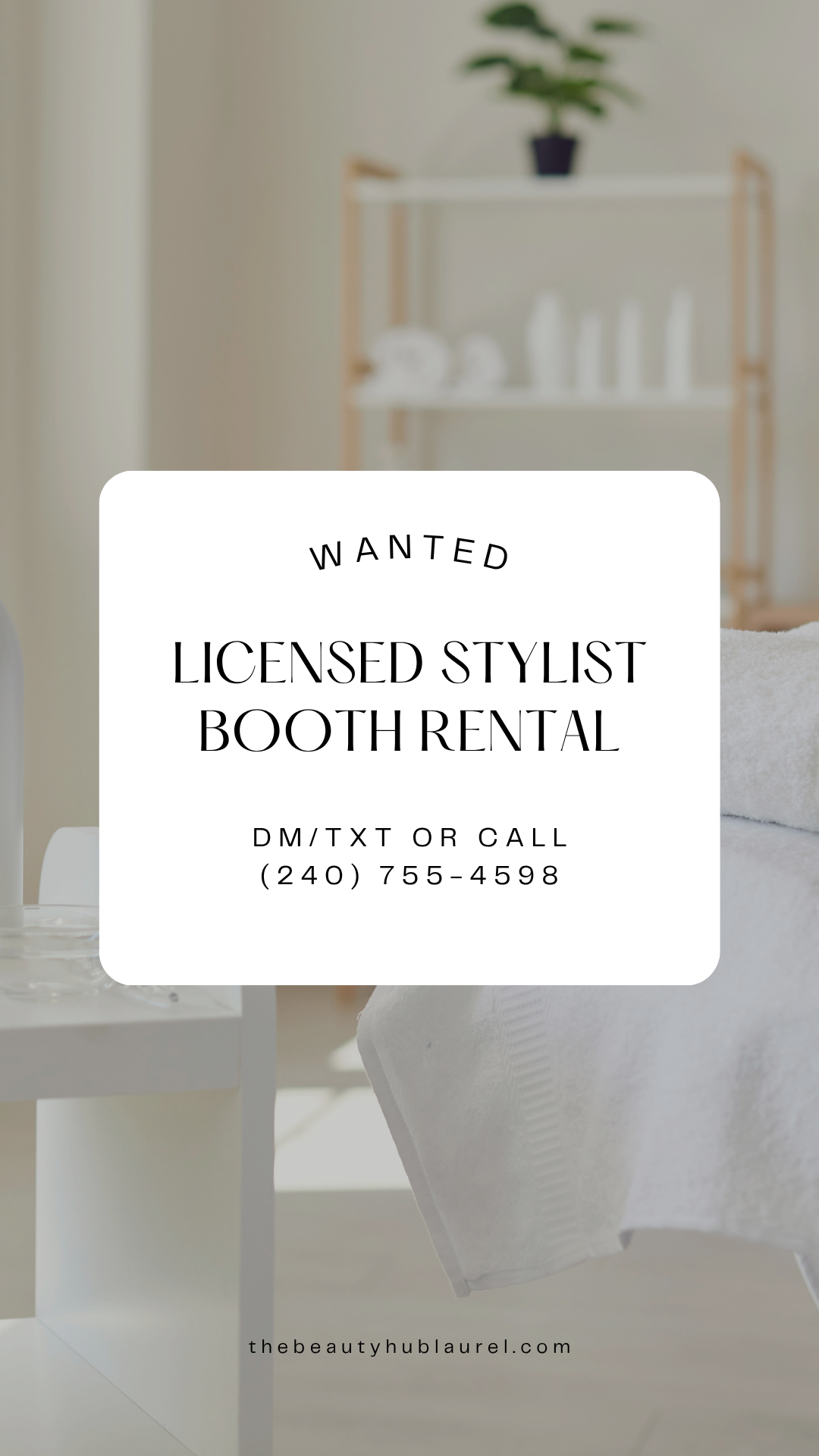 Elegant spa-like space with clean, modern decor perfect for professional salon booth rentals.