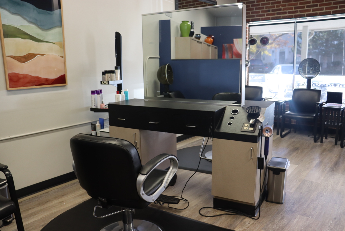 Comfortable salon station with professional tools and equipment for rent.