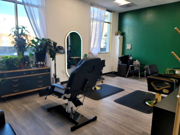 Bright, stylish salon workspace featuring comfortable styling chairs and natural light.