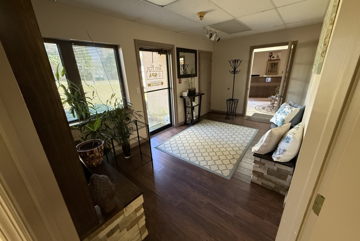 Comfortable salon reception area with chairs, plants, and welcoming decor.