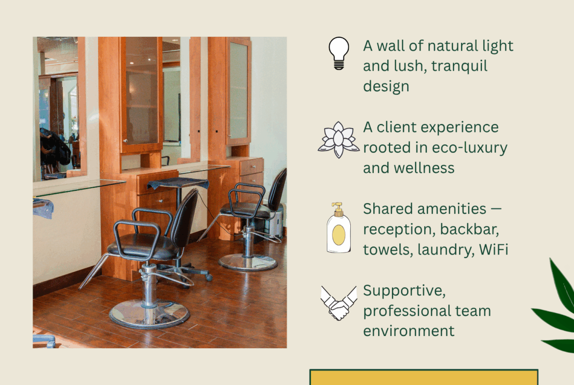 Stylish salon with wooden stations and modern chairs offering a professional haircare environment.