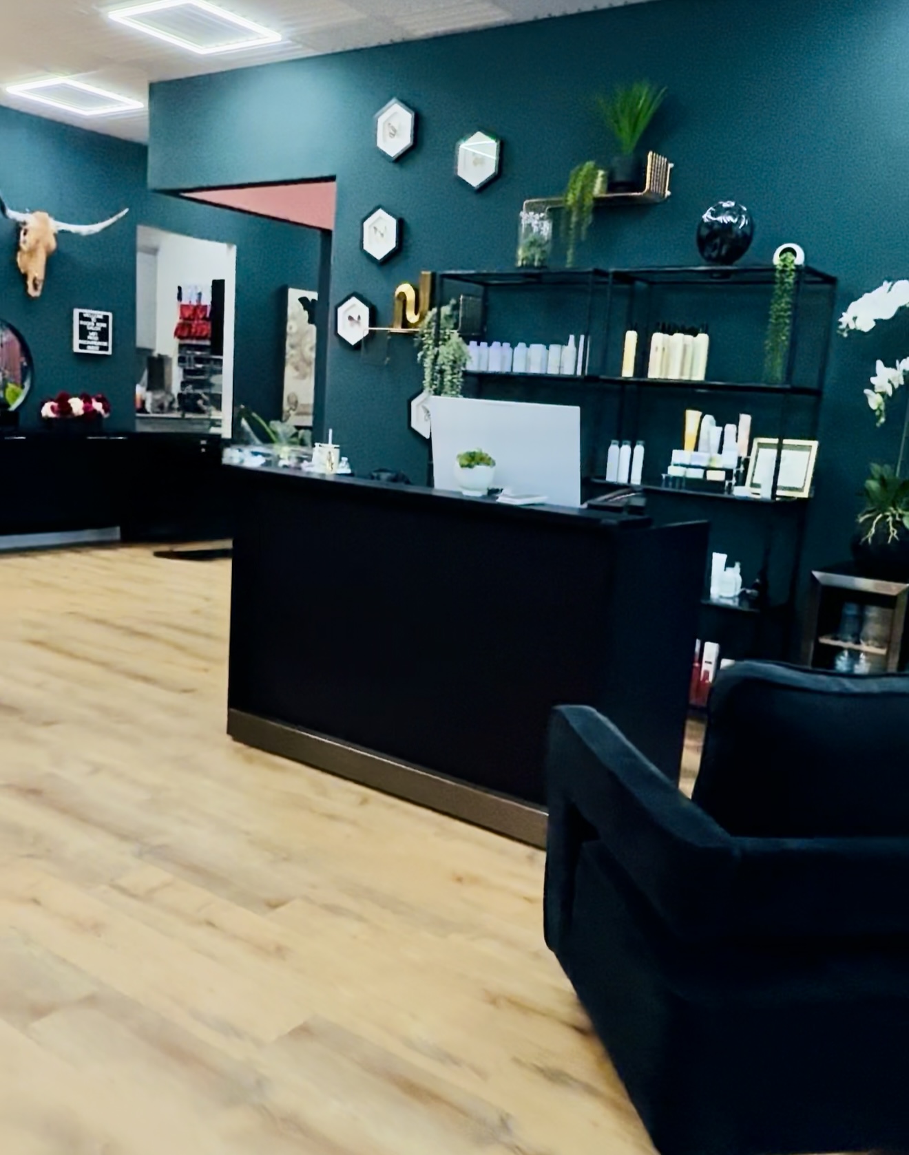 Stylish salon reception with modern decor, black accents, and decorative wall art showcasing salon branding.