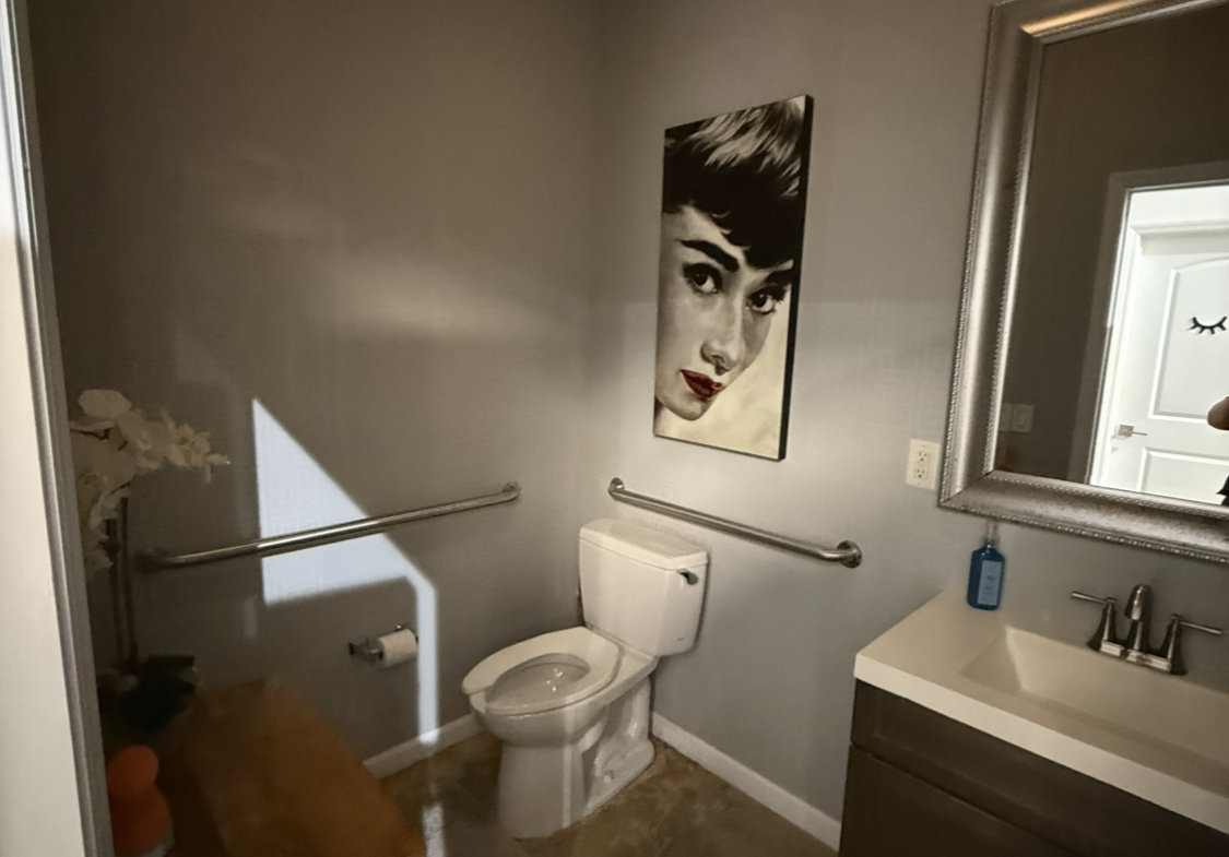 Accessible bathroom with modern decor and stylish artwork.