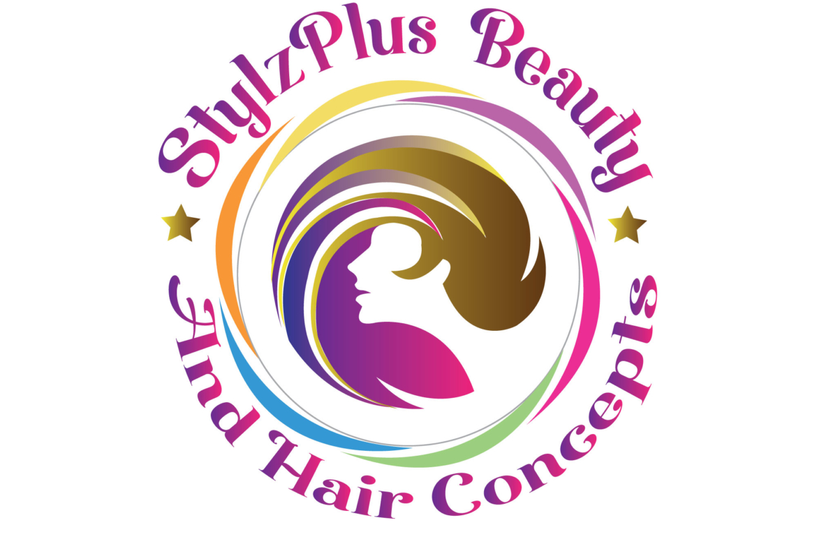 Logo with a woman's profile and colorful swirl design, representing beauty and haircare.