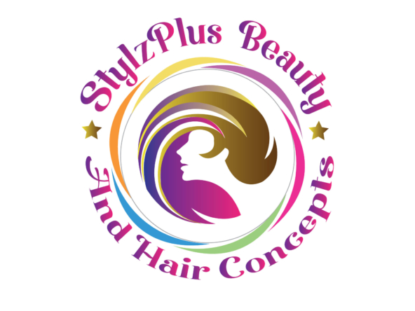 Logo with a woman's profile and colorful swirl design, representing beauty and haircare.