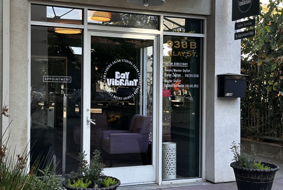 Modern salon studio entry with glass door and plants for a welcoming look.