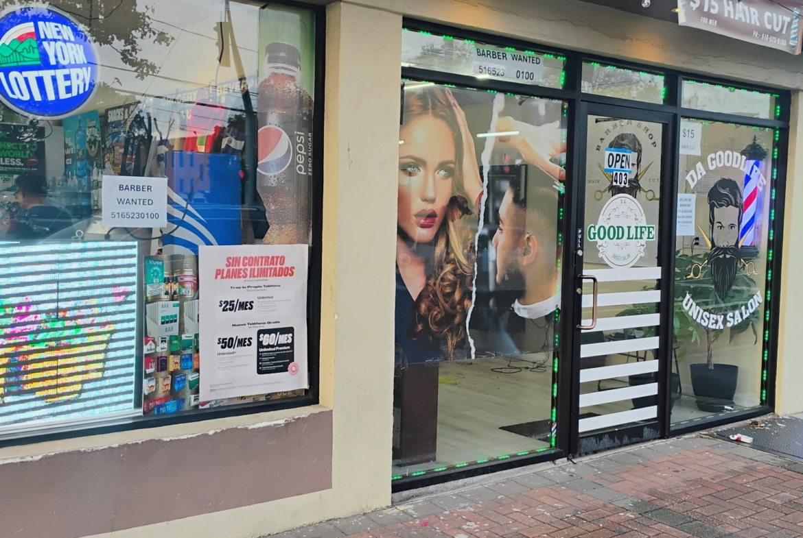 Unisex salon storefront showcasing hair styling, barber services, and salon rental opportunities.