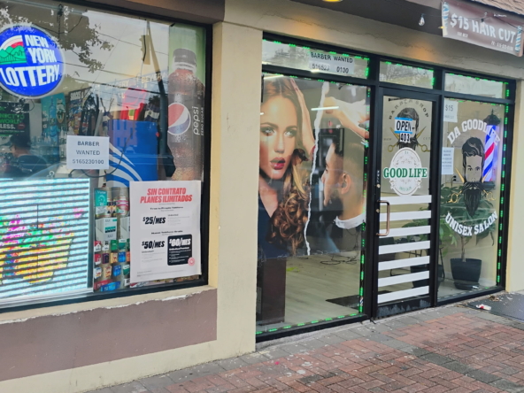 Unisex salon storefront showcasing hair styling, barber services, and salon rental opportunities.