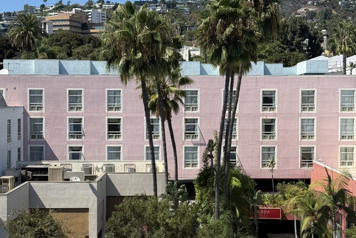 Bright pink building with palm trees, suitable for salon renters and beauty professionals.