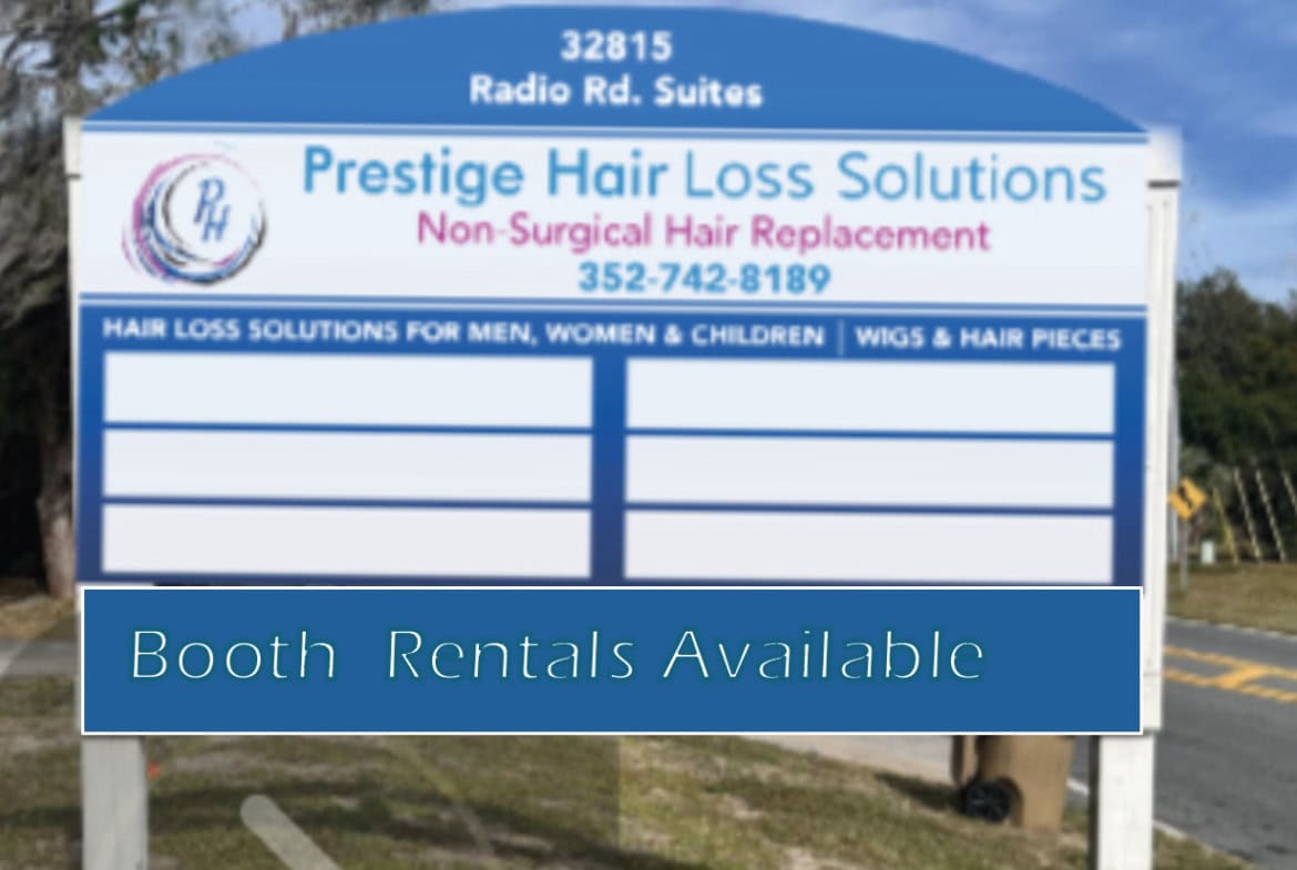 Professional hair salon signage for booth rentals on outdoor advertising boards.