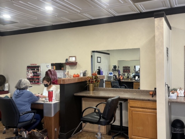 Beautiful Salon Renter space with stylish decor, nail station, and welcoming atmosphere.