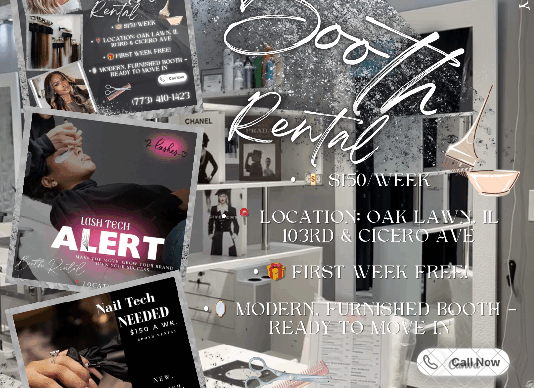 Modern beauty booth rental in Oak Lawn, IL for hair, lashes, and nail techs. First week free!.