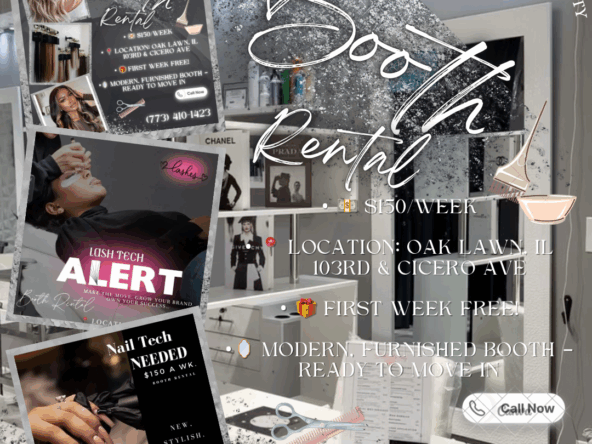 Modern beauty booth rental in Oak Lawn, IL for hair, lashes, and nail techs. First week free!.