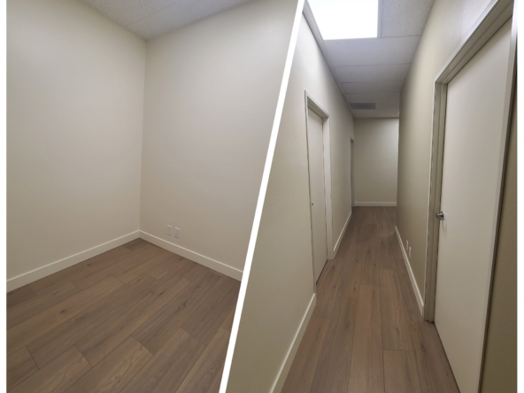 Bright, clean hallway and small room in a professional salon rental space with hardwood floors.