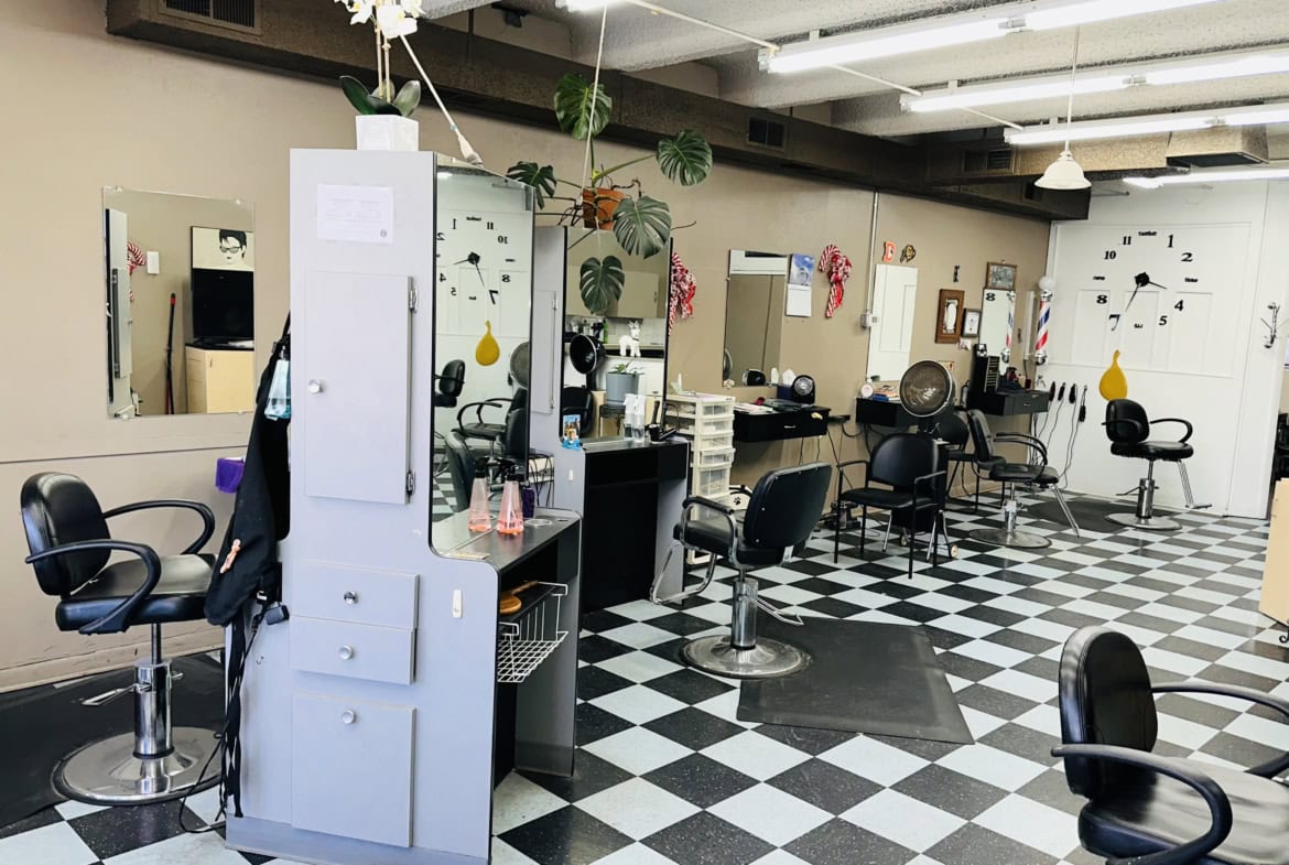 Stylish salon with multiple chairs, mirrors, and workstations for hair and beauty services.