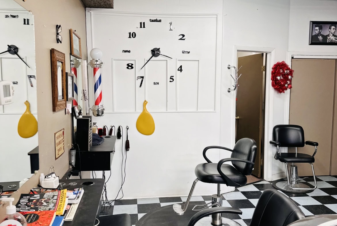 Barber chairs and salon tools at an affordable salon rental space.