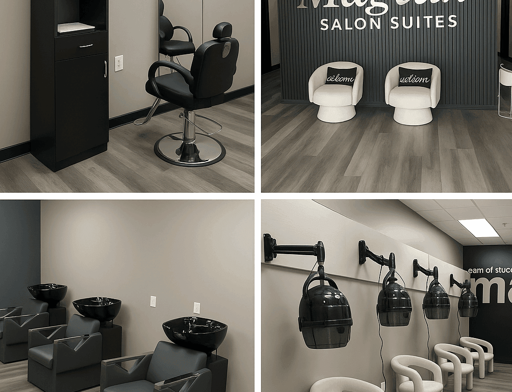 Modern salon styling station with black chairs and mirrors for haircuts and styling.