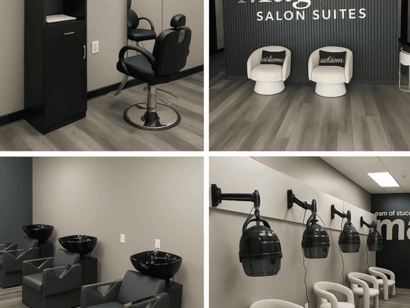 Modern salon styling station with black chairs and mirrors for haircuts and styling.