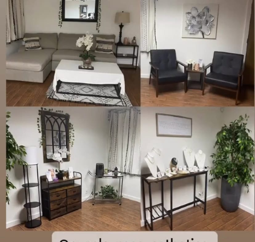 Spacious salon waiting area with comfortable seating and elegant decor.