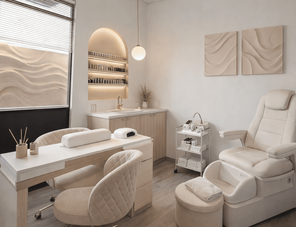 Elegant beauty treatment room with massage chair, desk, and decor.