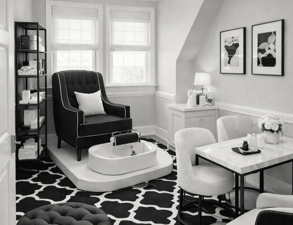 Comfortable salon lounge with stylish chairs, ottoman, and wall art.