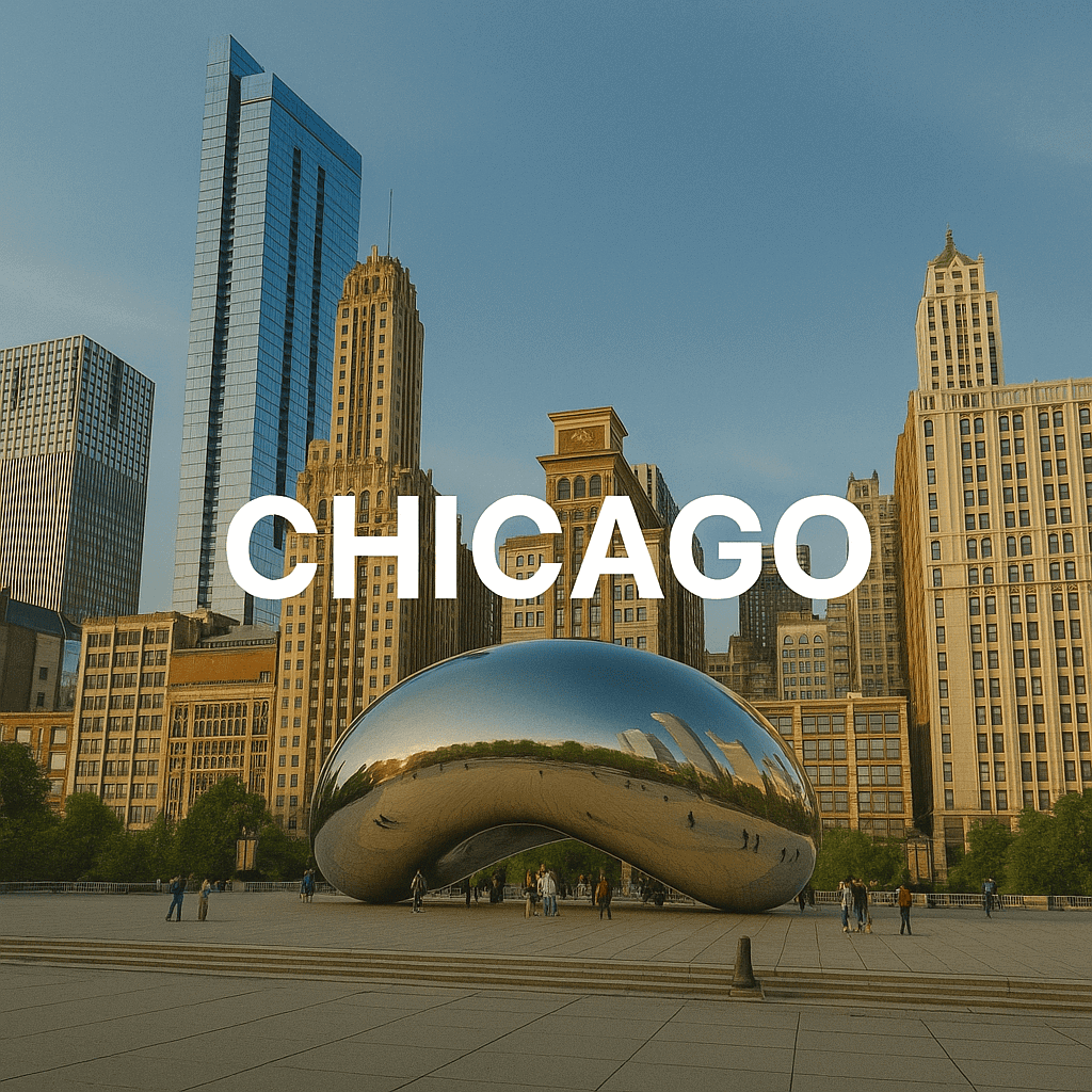 Chicago skyline with iconic Cloud Gate sculpture in Millennium Park, showcasing urban architecture a.
