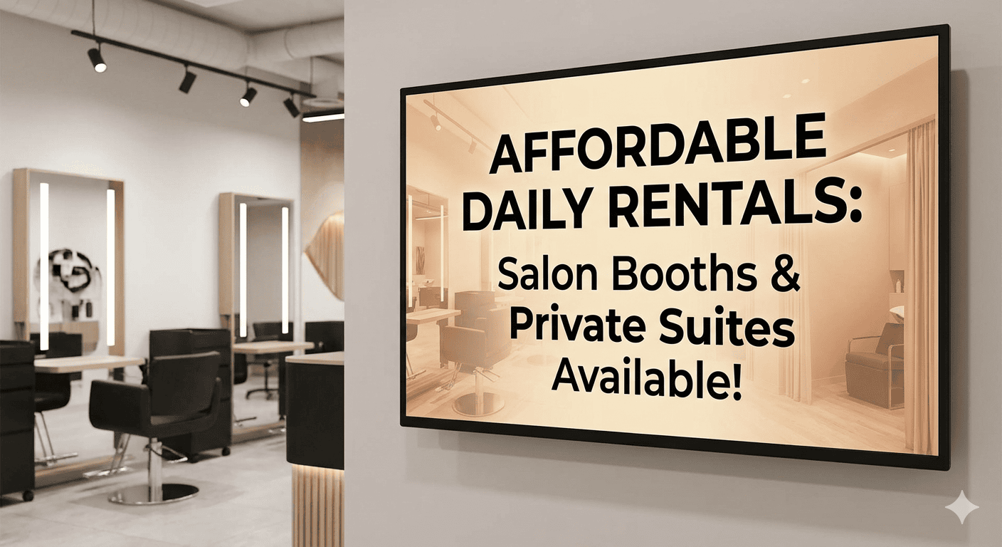 Modern salon with private booths and suites for rent, ideal for beauty professionals.